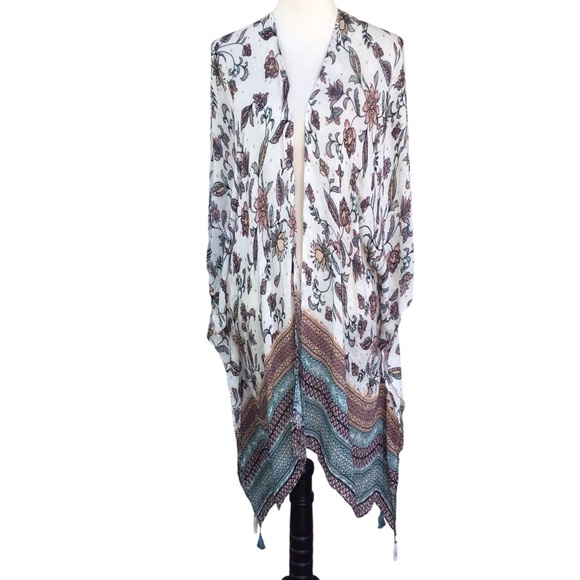 J Jill Boho Floral Open Front Duster Cardigan Tassel Detailing One Size NEW - Picture 1 of 8